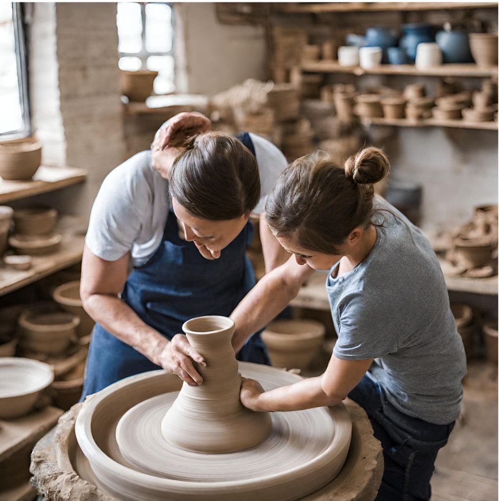 A teacher showing a child how to use a pottery wheel