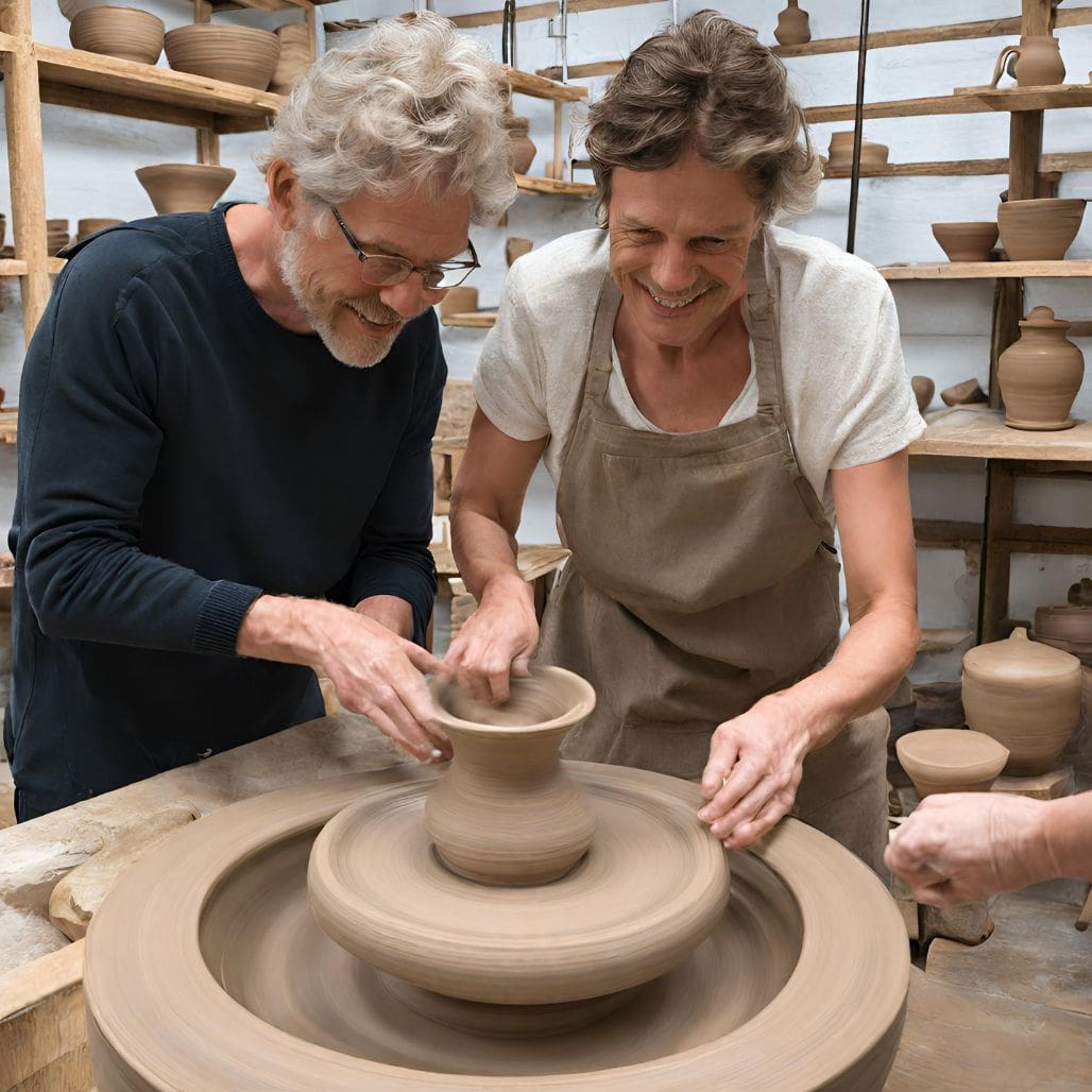 A teacher showing a pupil how to use a pottery wheel